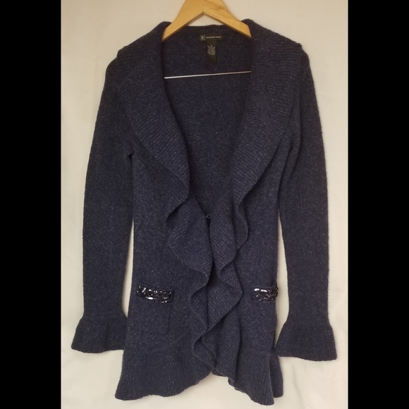 INC International Concepts Sweaters - INC International Concepts Dark Blue Ruffled Cardigan Size L